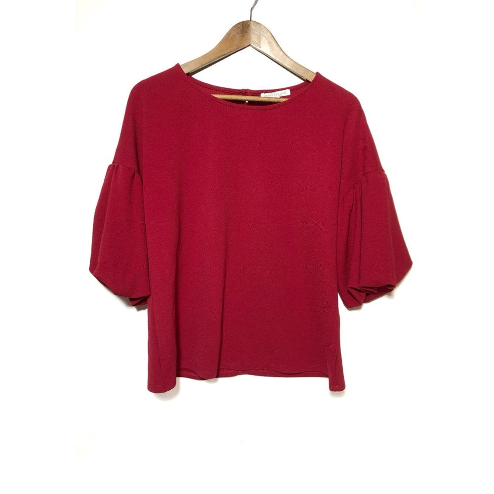 Green Envelope Dark Red Balloon Sleeve Blouse